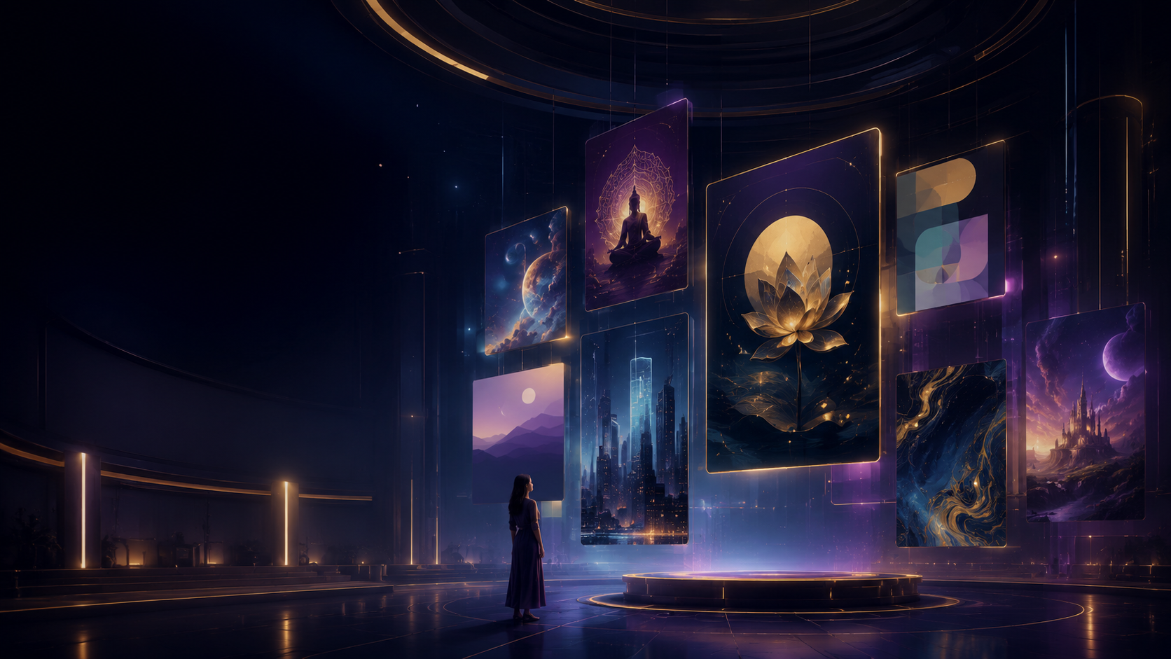Futuristic AI art vault gallery with glowing digital artworks