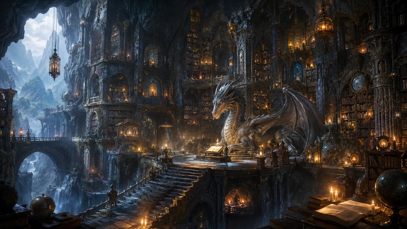 Enormous dragon resting among towering candlelit bookshelves in a vast library carved into a mountain, fantasy concept art