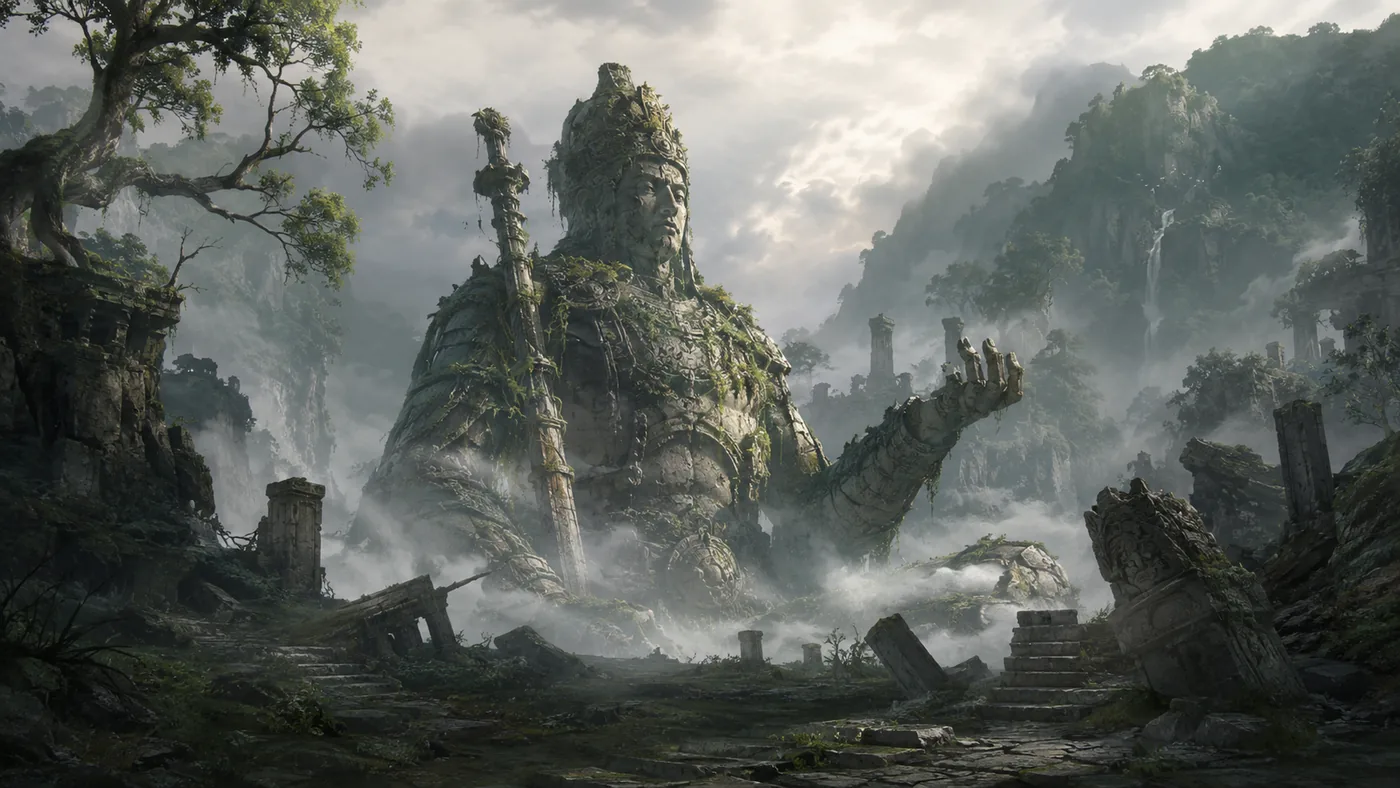 Sprawling golden-domed Indian-inspired fantasy palace with chhatris and carved pavilions beside calm reflecting water glowing at dawn, fantasy concept art
