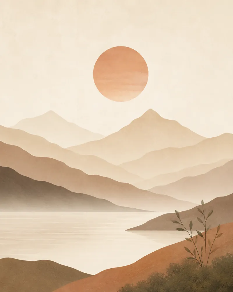 Calming minimal mountain and sun landscape printable wall art in soft earth tones