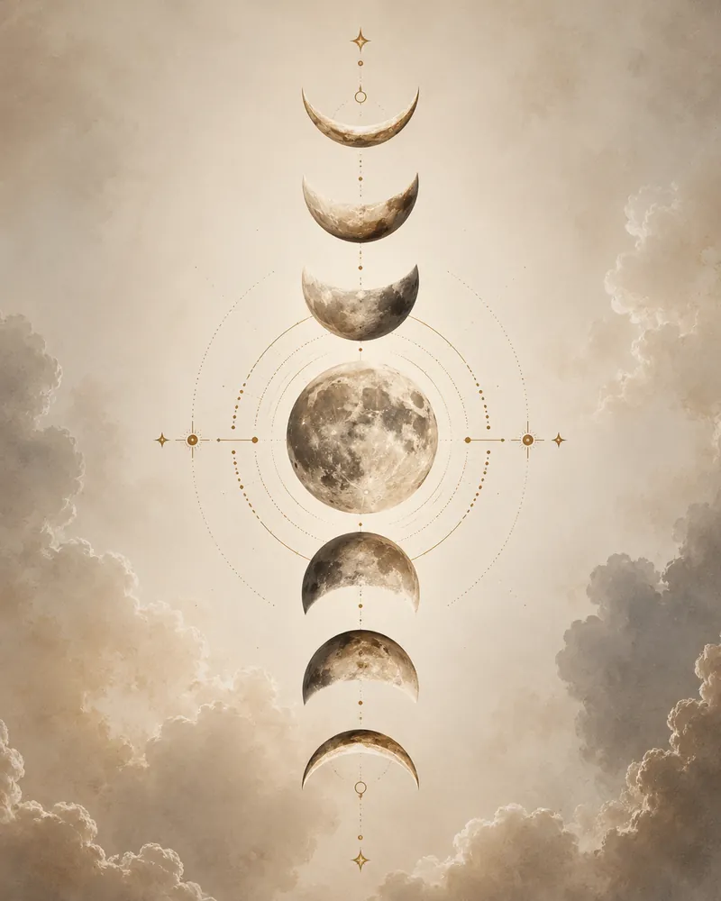 Vintage celestial moon phases printable wall art with soft clouds and gold accents in a vertical arrangement