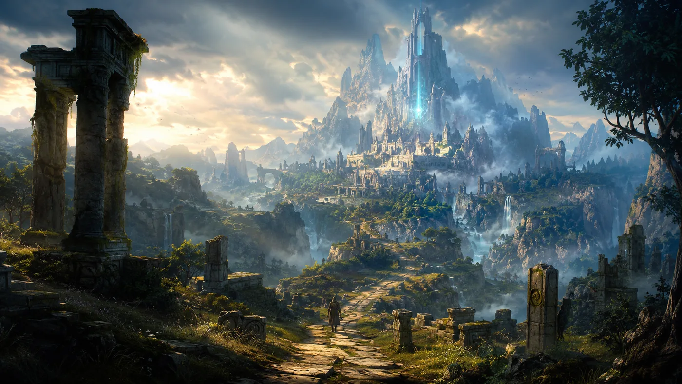 Cinematic fantasy RPG environment with winding path and distant adventure landmark
