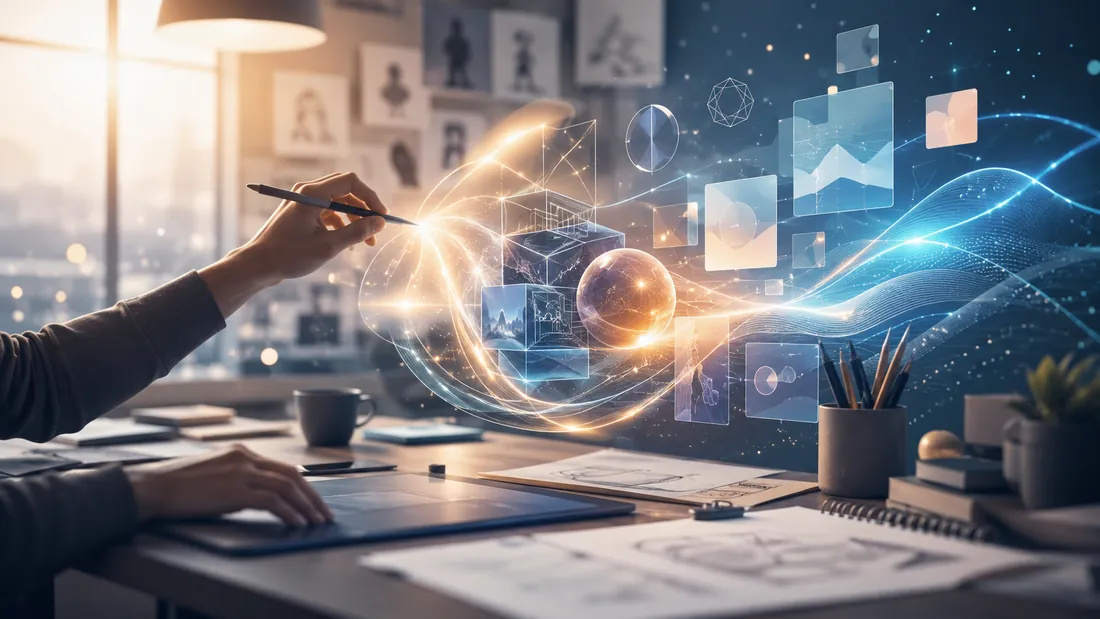 Designer sketching with a stylus as glowing geometric shapes, images and light streams flow from the pen