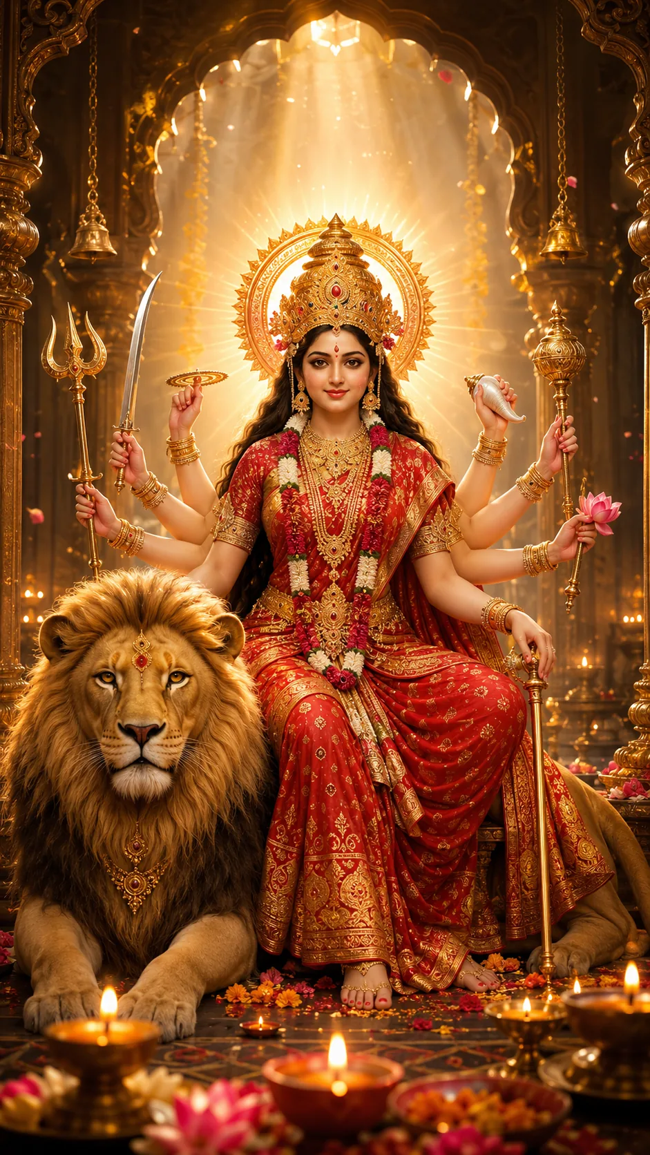 Goddess Durga seated on a throne beside her lion with a golden aura, devotional Navratri poster