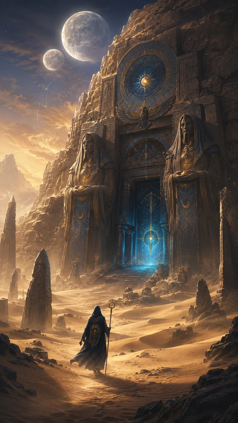 Glowing ornate stone gateway at the top of a lantern-lit stairway in a moonlit enchanted forest with glowing blue flowers, fantasy concept art