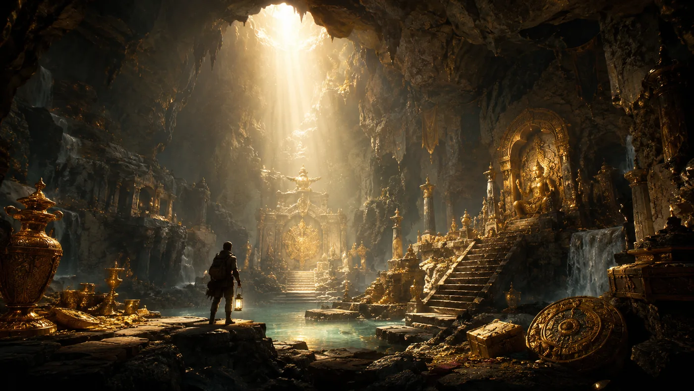 Epic hidden treasure cave with ancient relics and powerful divine golden light