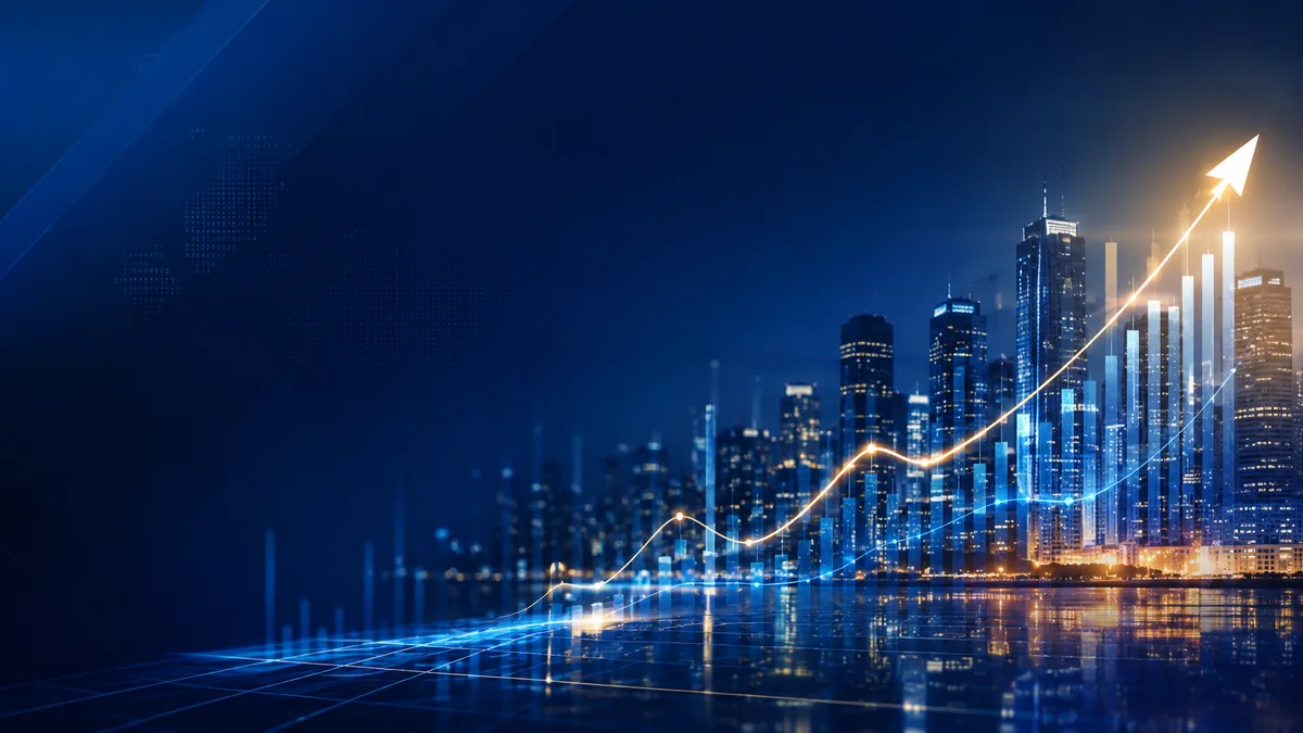 Glowing upward growth line chart rising over a night-time city skyline with bar chart overlays, finance content background