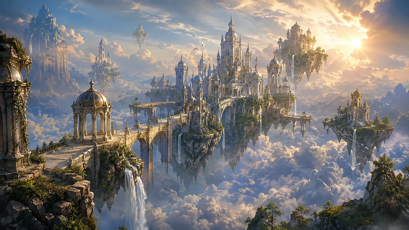 Floating white-and-gold castles and palaces with waterfalls resting on islands above a sea of golden sunset clouds, fantasy concept art