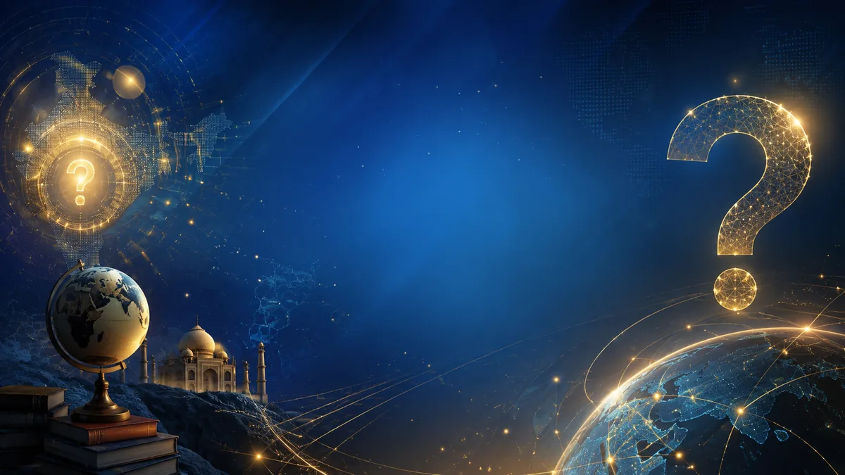 Glowing golden question marks over a deep blue globe background with a small globe, books and a landmark silhouette, GK quiz background