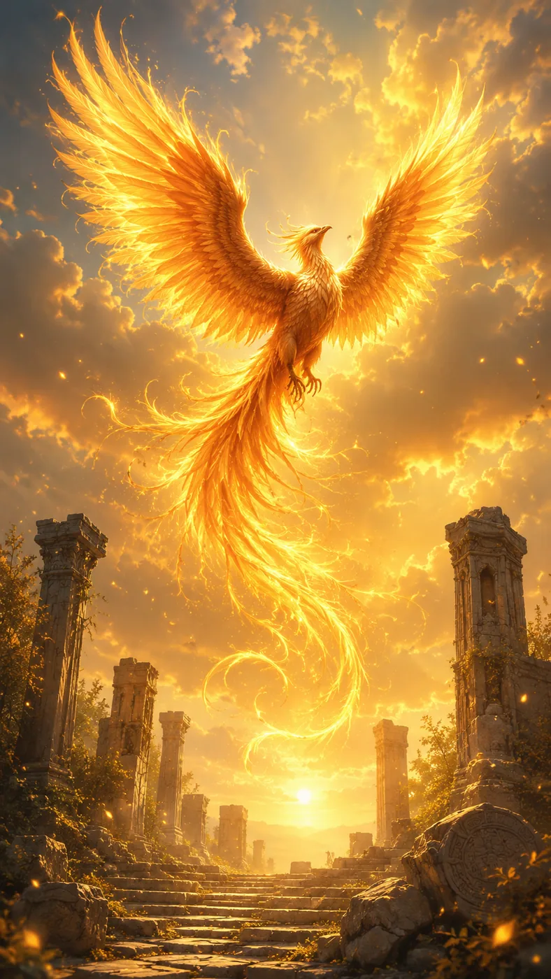 Radiant golden phoenix with vast outstretched fiery wings rising into a golden sky above sunlit ancient stone ruins and columns, fantasy concept art