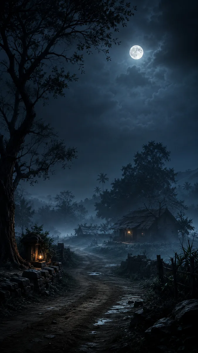 Misty dirt path through an Indian village at night under a full moon, with a lantern-lit shrine, thatched hut and dense trees, horror folklore background