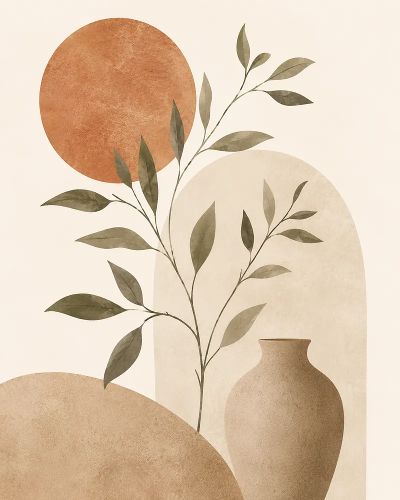 Japandi botanical minimal printable wall art with delicate leaves and soft earth tones
