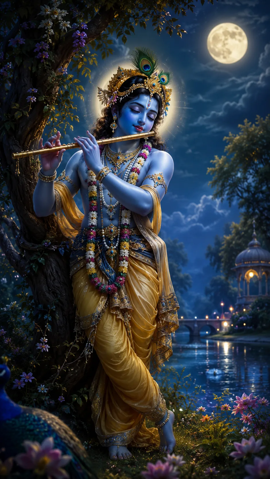 Lord Krishna playing the flute beside a tree in moonlit Vrindavan, devotional poster