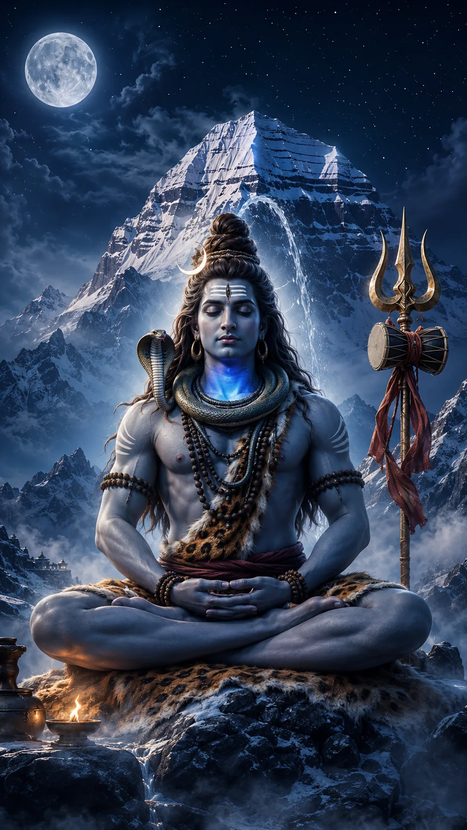 Lord Shiva meditating in padmasana on Mount Kailash at night under a full moon, devotional poster
