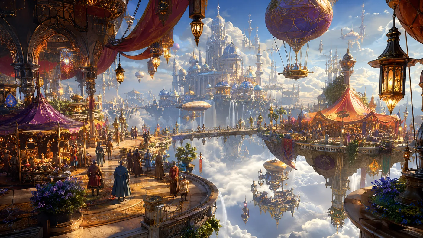 Magical marketplace inside a floating fantasy city above the clouds