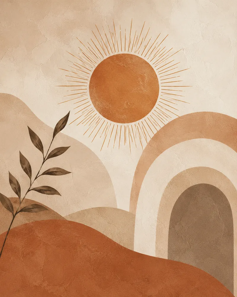 Modern abstract boho sun wall art with layered arches and warm earth tones