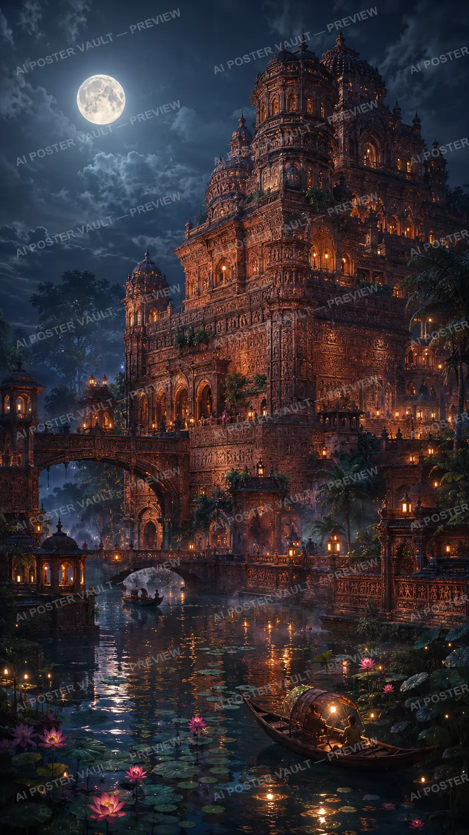 Monumental carved terracotta citadel with domed towers glowing under a full moon, reflected in a lotus-covered river with boats below, fantasy concept art