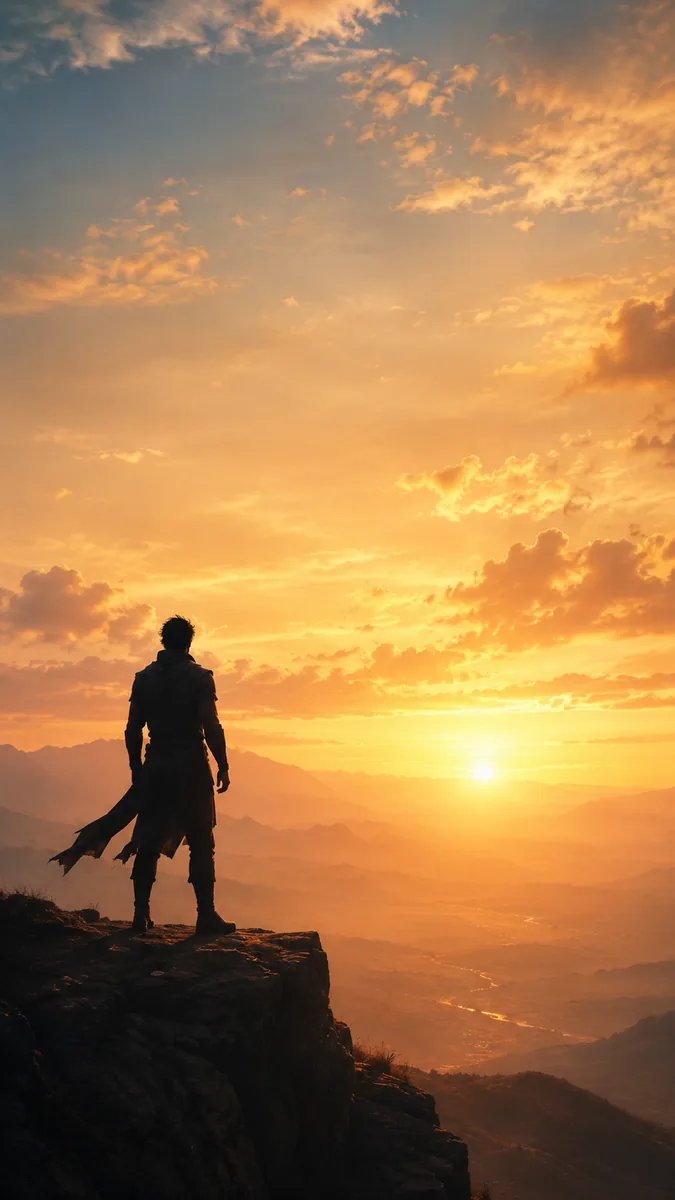 Silhouette of a warrior standing on a cliff edge overlooking a valley at sunrise, motivational background