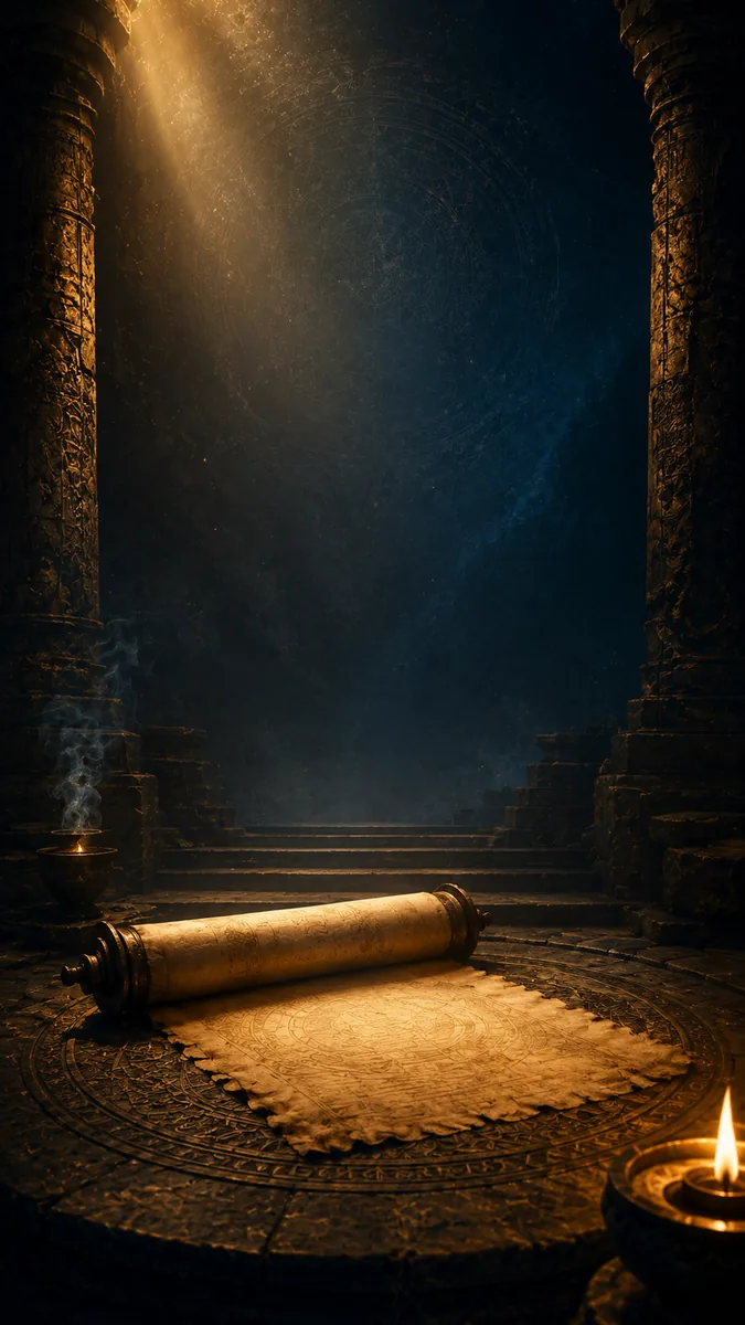 Ancient glowing scroll unrolled on a temple floor between stone pillars, lit by candlelight and a shaft of golden light, mythology background