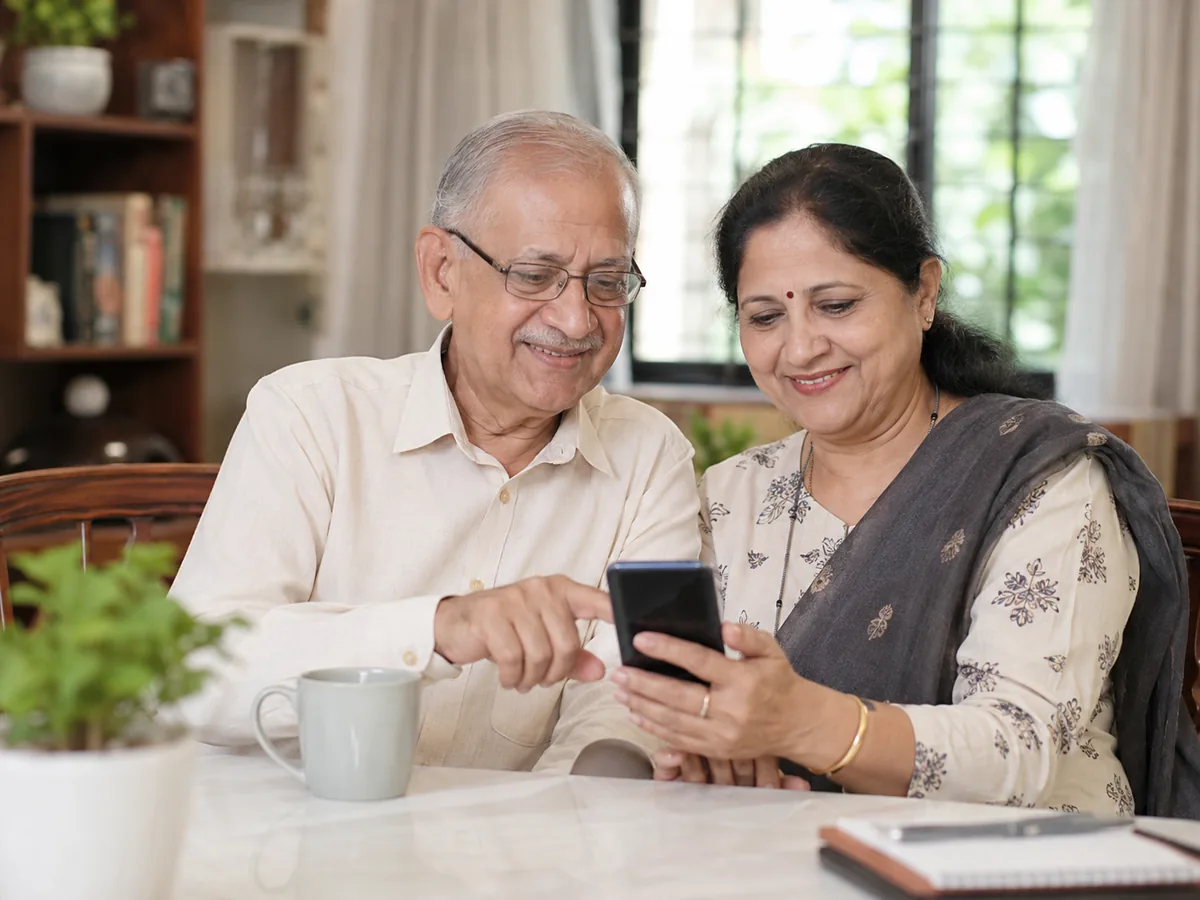 Senior Indian couple at home smiling while checking mobile banking app together on a smartphone