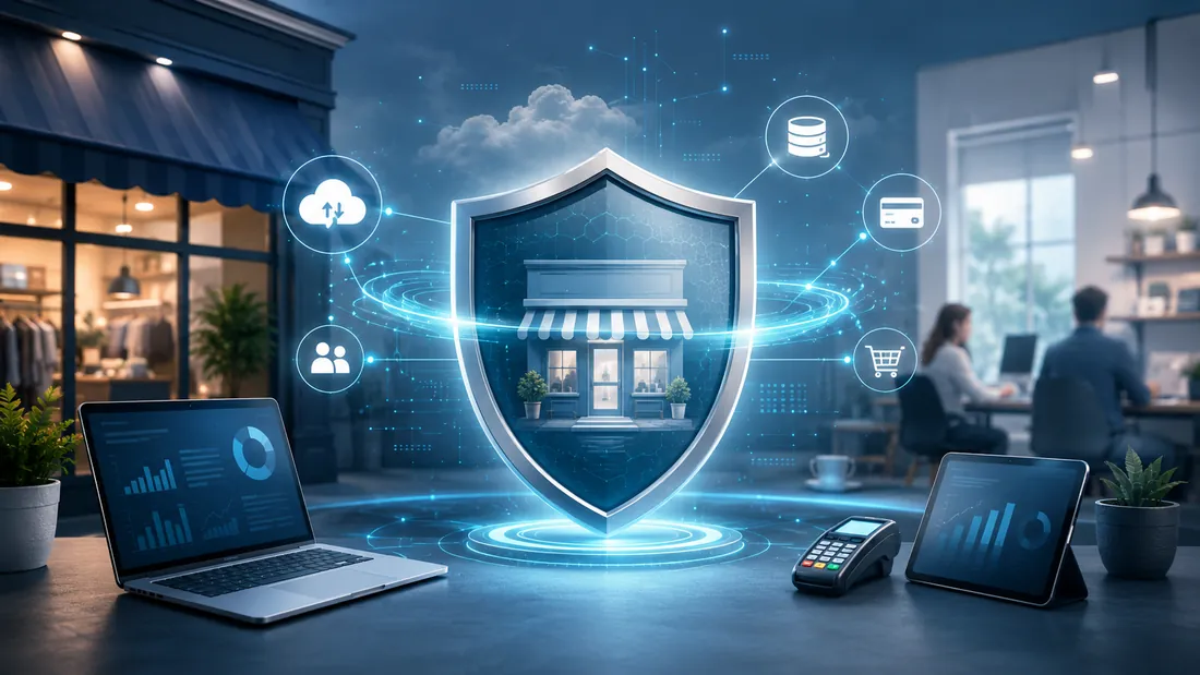 Glowing digital shield protecting a small retail business surrounded by cloud, payment, database and e-commerce icons